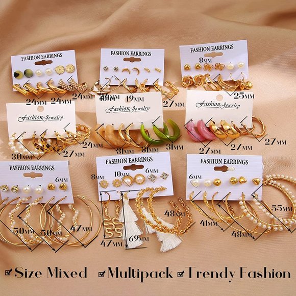 New 45 Pairs Gold Hoop Earrings for Girls Women Multipack, Chunky Pearl Twisted - Picture 6 of 9